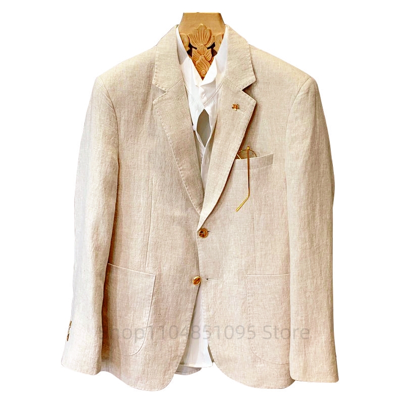 Men Formal Wear With Coat - Blazer da Uomo Beige in Lino,